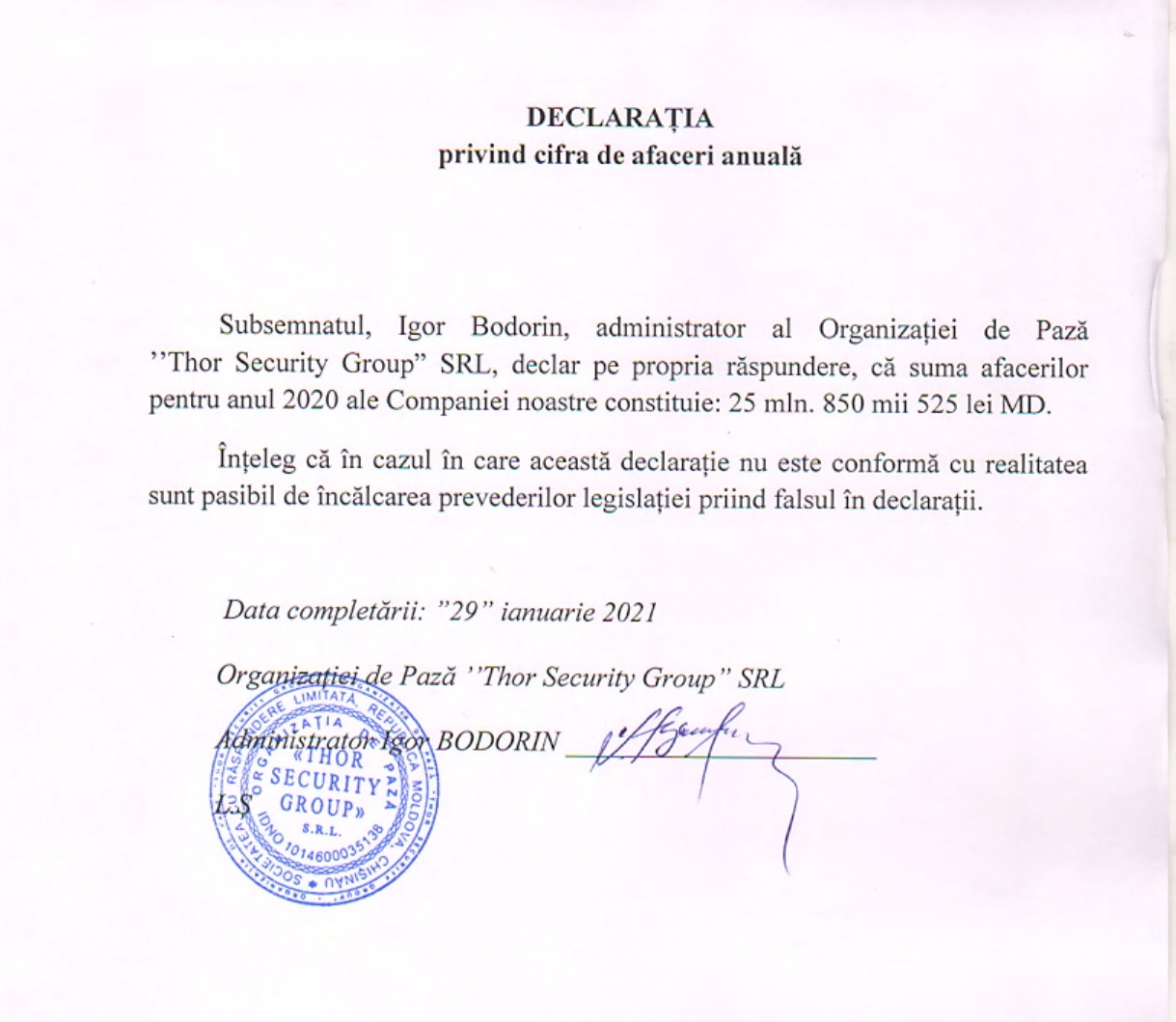 Declarație privind cifra de afaceri a firmei Thor Security Group in 2020